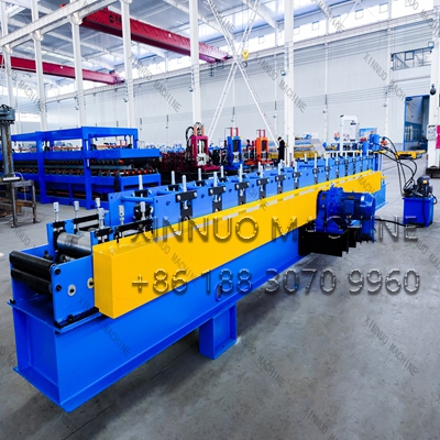 High-precisionC purlin roll forming machine with hydraulic shearing, touch screen control, and safety guard. Supports 0.8mm steel, 15m/min speed, and multiple profile widths.