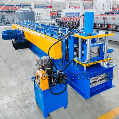High-precisionC purlin roll forming machine with hydraulic shearing, touch screen control, and safety guard. Supports 0.8mm steel, 15m/min speed, and multiple profile widths.