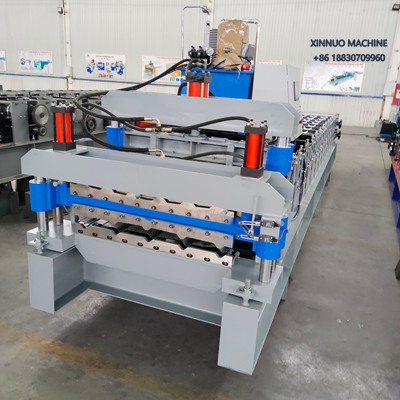 Dual-layer roll forming machine for trapezoidal and glazed tile profiles, space-saving design.