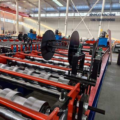 Glazed roof tile roll forming machine with chain drive and rewinder, customized for Brazil market.