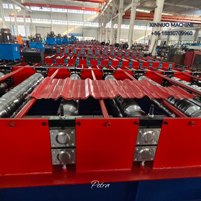 Glazed roof tile roll forming machine with chain drive and rewinder, customized for Brazil market.